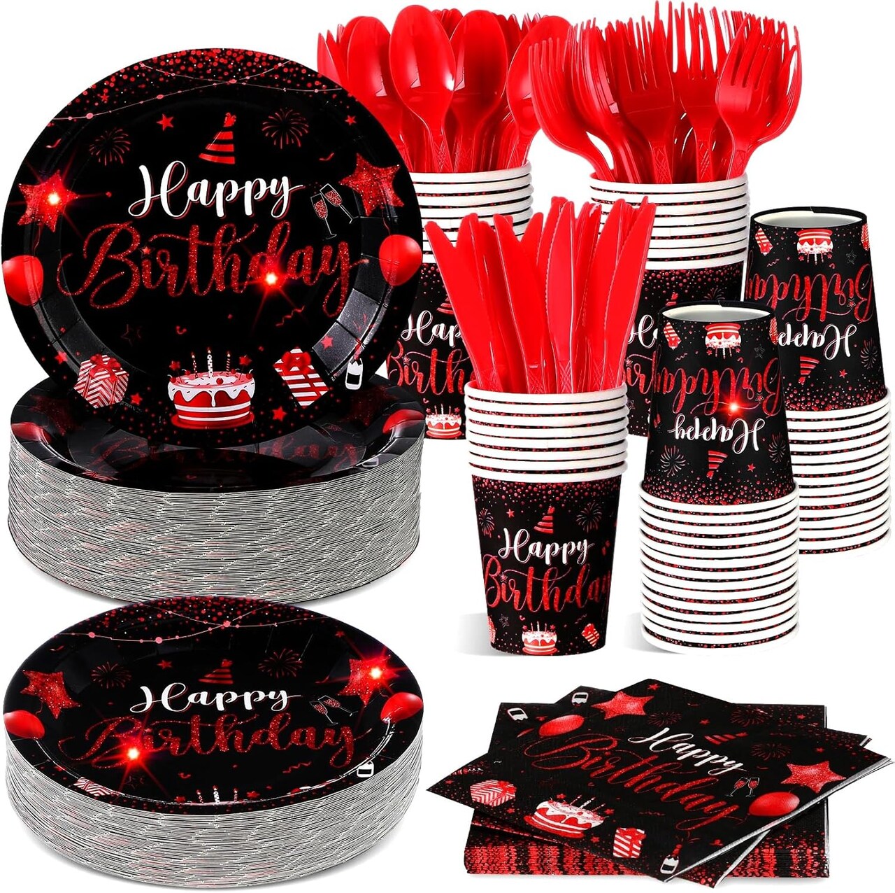 350 Pcs Happy Birthday Party Supplies Disposable Party Tableware Set Serves 50 Included Plates Napkins Cups Cutlery for Men Woman 50th 80th Birthday Party Decorations (Black Red)
